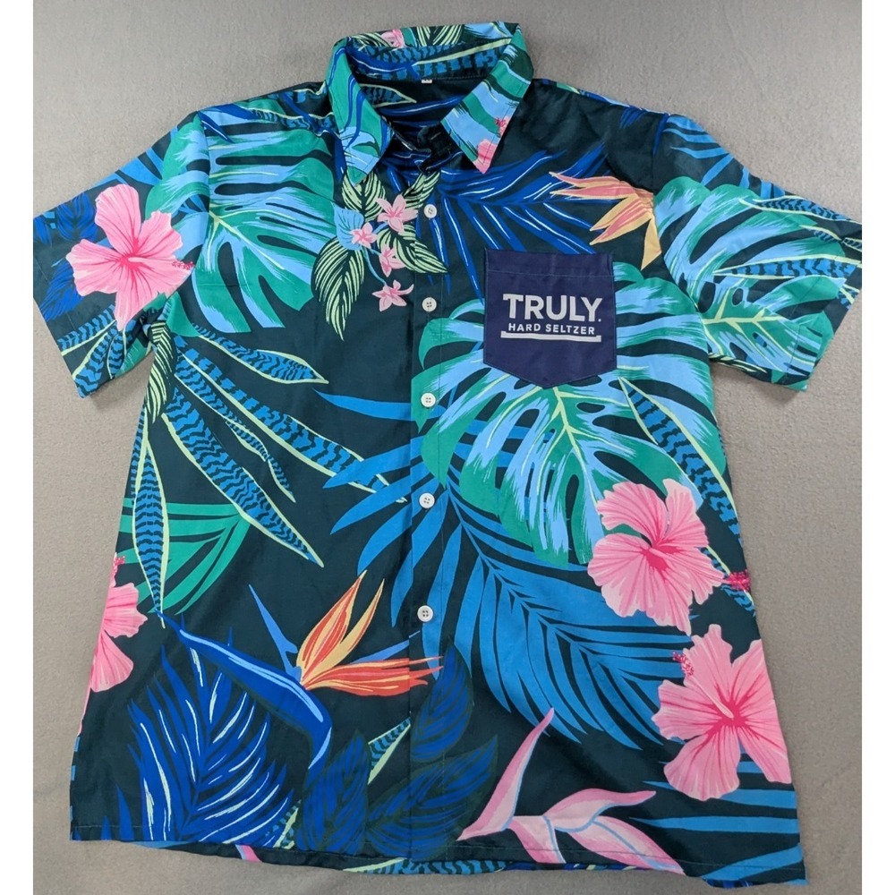 Truly Mens Floral‎ Tropical Hawaiian Button Up Shirt Size Medium Teal Blue Pink